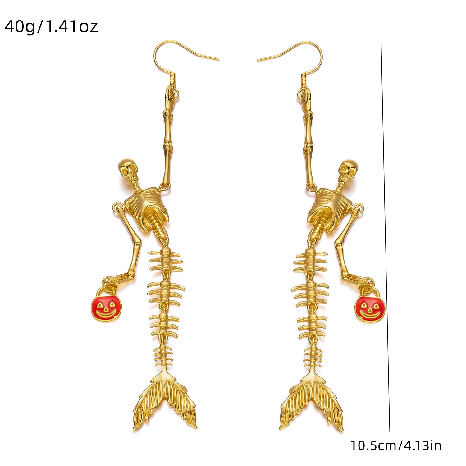 Halloween Golden Skeleton Mermaid Jewelry Set, Skull Mermaid Skeleton Necklace & Dangle Earrings, Pumpkin Smile Face Gothic Mermaid Bone Jewelry, Spooky Halloween Costume Accessory for Women