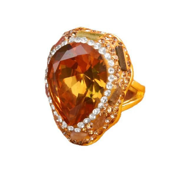 Vintage Large Pear Shape Thermochromic Mood Crystal Ring Full Surround Clear Rhinestone Adjustable Open Band Anti-Fade Gold Ladies Evening Party Jewelry Gift