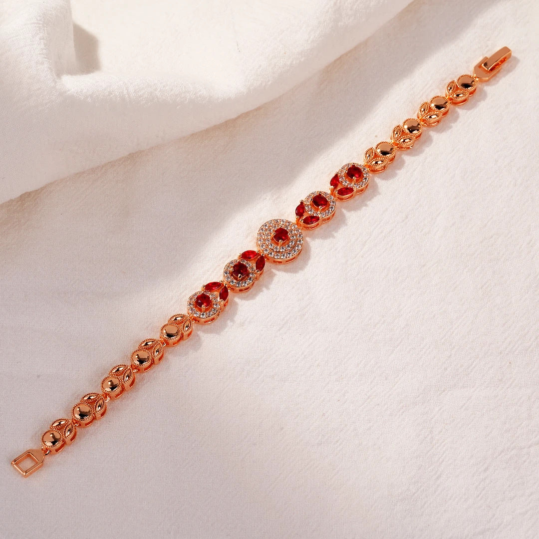 Retro Sparkly Pave Ruby Red Crystal Bracelet Double Circle Rhinestone Inlaid Rose Gold Chain Bracelet Wedding Banquet Statement Wrist Gift