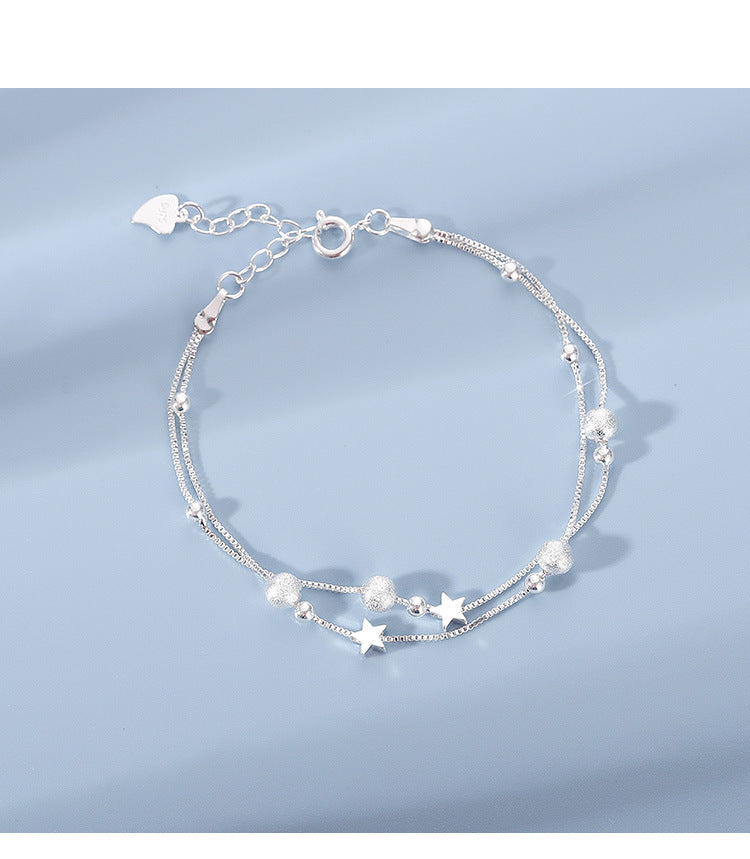 S925 Sterling Silver Double Layer Star Bracelet, Dainty Two-Strand Snake Chain Wrist Bracelet with Matte Frosted Beads & Tiny Star Charms Adjustable Extension Chain for Women Minimalist Daily Jewelry Gift