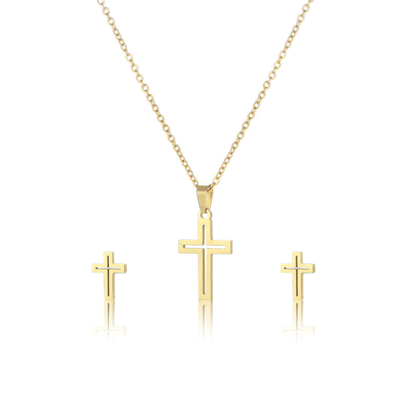Stainless Steel Hollow Cross Necklace Earring Set Gold Silver Minimal Christian Religious Jewelry Gift