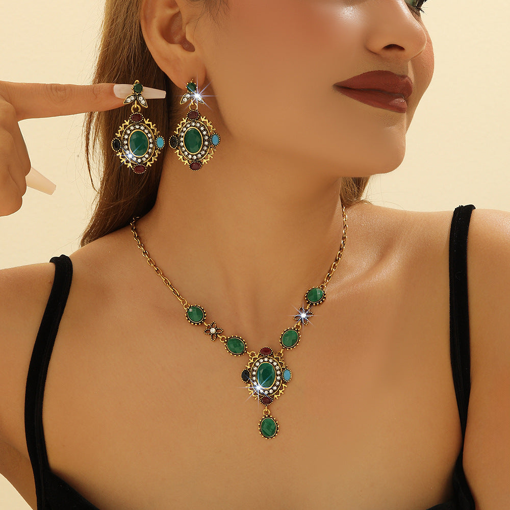 Bohemian Multi-Color Resin Crystal Jewelry Set, Antique Gold Necklace & Drop Dangle Earrings