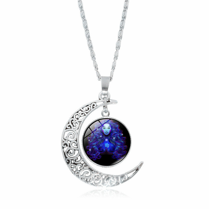 Stainless Steel 12 Constellation Crescent Moon Glass Pendant Necklace noctilucent, Zodiac Sign Time Gem Necklace for man women