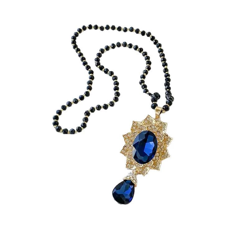 Vintage Deep Blue Crystal Pendant Long Sweater Necklace Round Teardrop Rhinestone Halo Gold Plated Black Beaded Statement Jewelry for Women