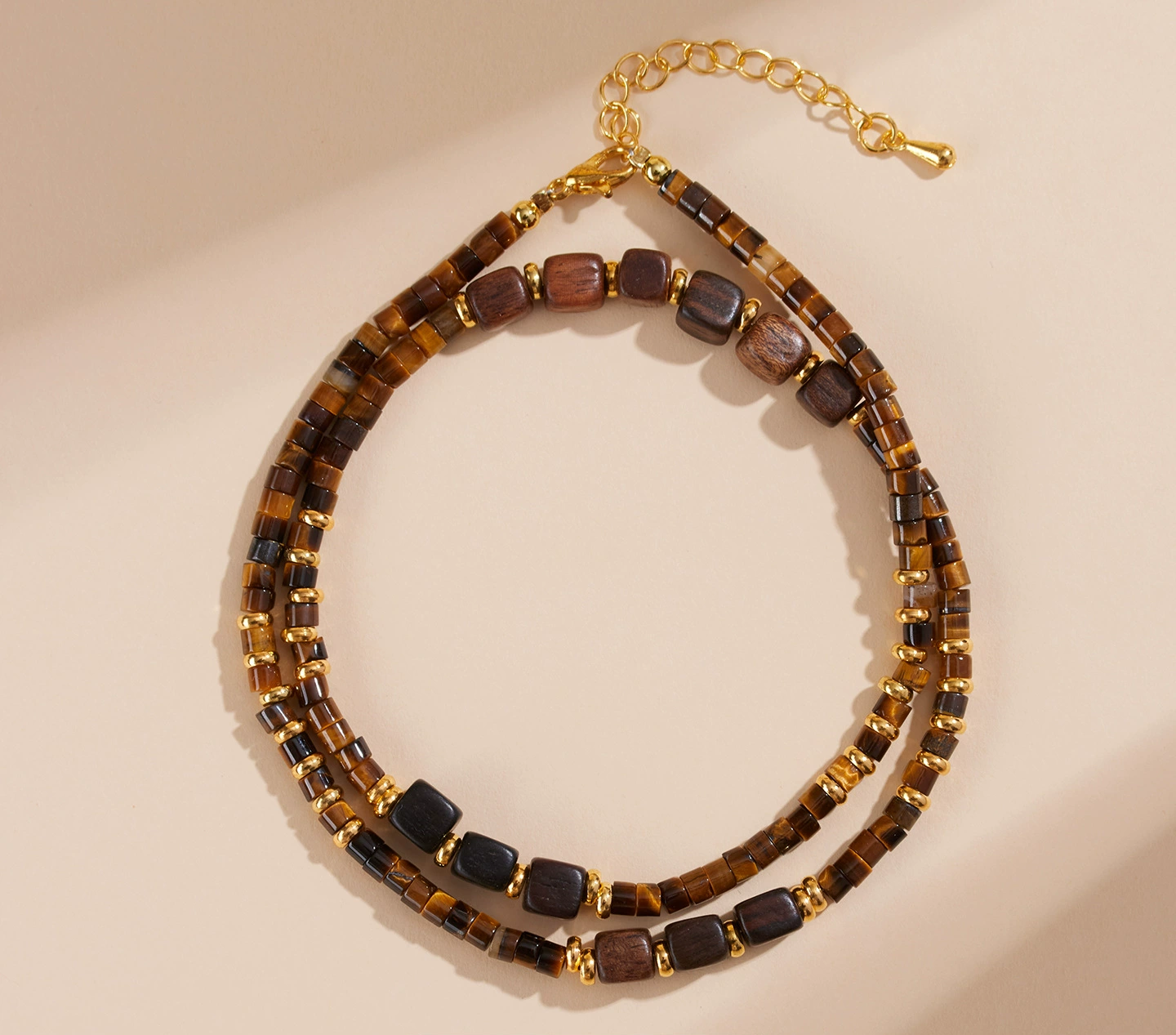 Handmade Natural Tiger Eye & Agarwood Choker Necklace for Men Women, Vintage Wooden Bead Collarbone Necklace with Adjustable Extension Chain, Retro Boho Healing Crystal Beaded Necklace Jewelry Gift