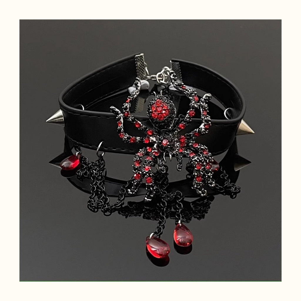 Gothic Red Rhinestone Spider PU Leather Choker, Vintage Spike Tassel Blood Drop Crystal Spider Choker Necklace Halloween Punk Jewelry For Women