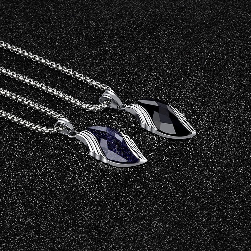 Unisex Titanium Steel Leaf Pendant Necklace Natural Blue Sandstone & Black Onyx Box Chain Men Women Jewelry