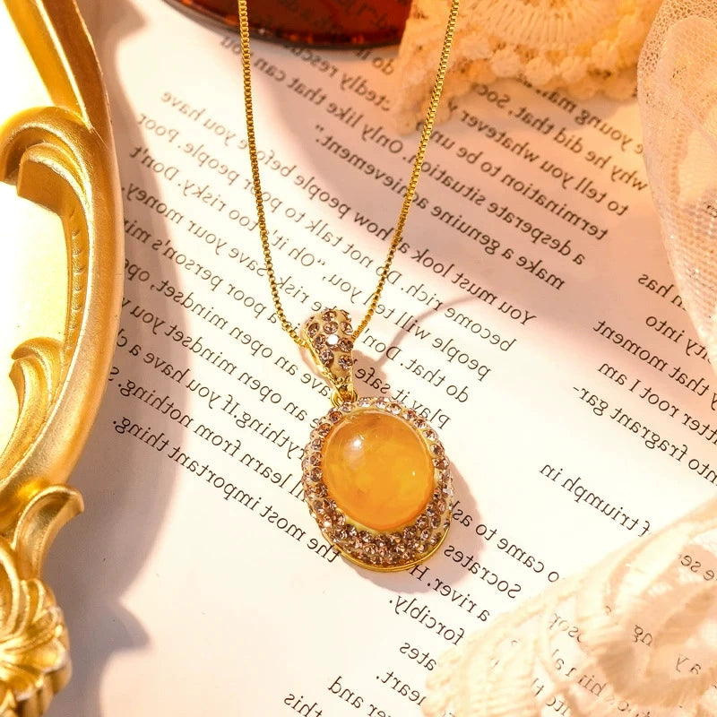 Vintage Oval Cabochon Yellow Amber Pendant Necklace Full Pave Champagne Zircon Halo Thin Gold Snake Chain Luxury Minimalist Layering Clavicle Necklace For Women