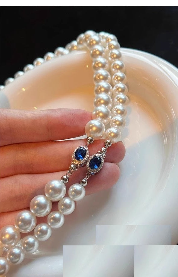 High Luster Natural Australian Mother of Pearl Necklace, 925 Sterling Silver Sapphire Inlaid Clasp, 45CM Single Strand Round Shell Pearl Choker, Elegant Vintage Pearl Jewelry for Wedding Party Daily Outfit Gift for Women