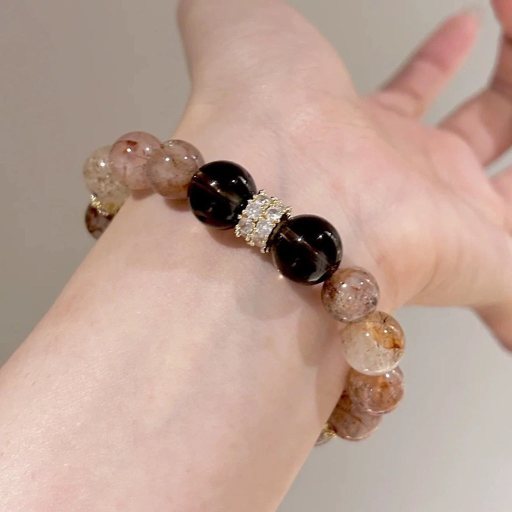 Vintage Black Gold Crystal Bracelet Natural Red Hair Rutilated Quartz Smoky Quartz Bracelet Energy Healing Crystal Bracelet for Daily Wear & Gifting
