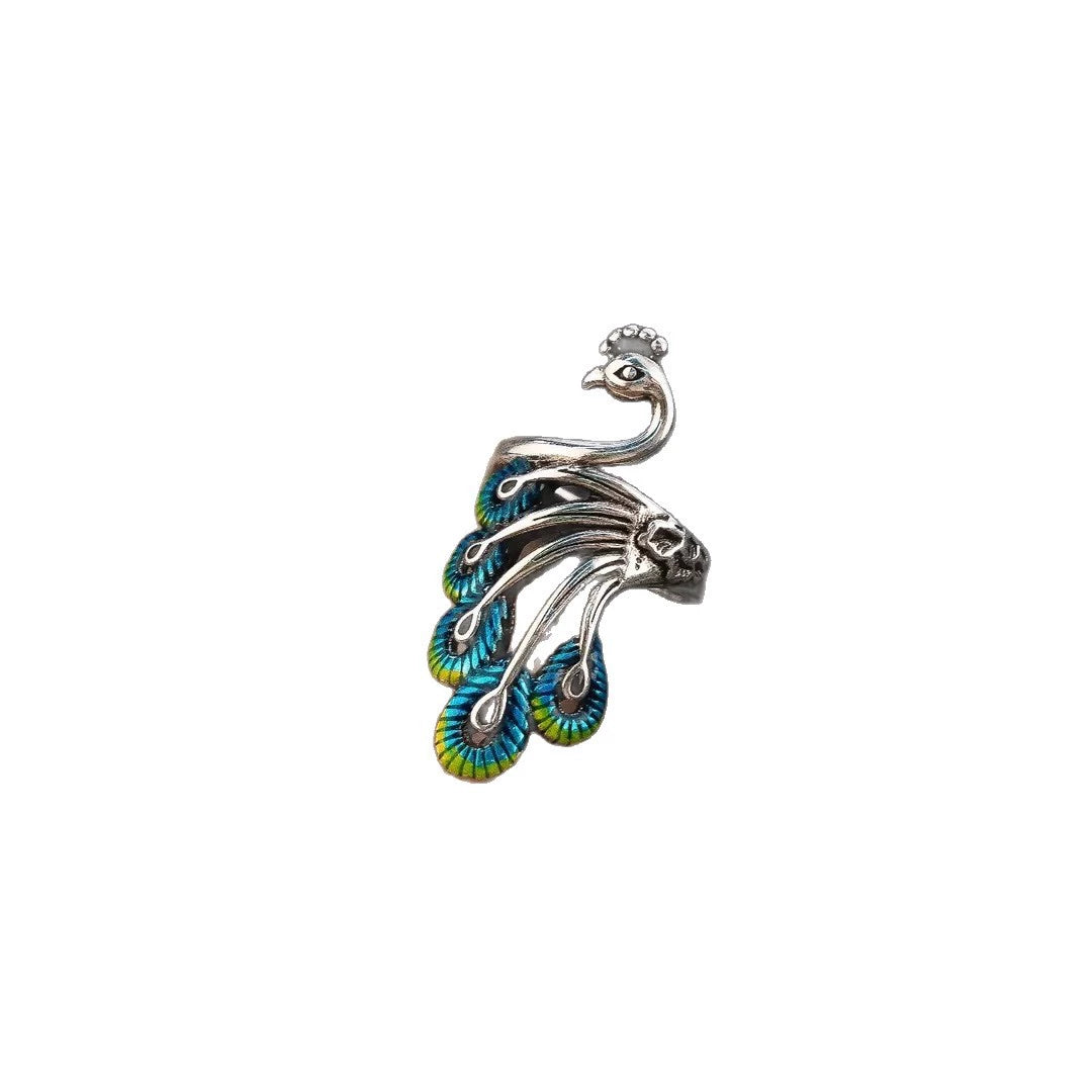 Vintage Enamel Peacock Open Adjustable Ring, Antique Silver Plated Statement Phoenix Finger Ring for Women