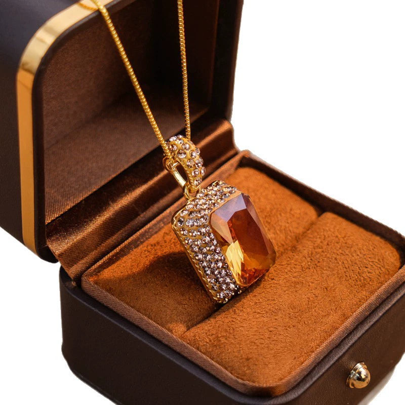 Mood Color Change Sunstone Sultanite Pendant Necklace Champagne Orange Rectangle Gem Micro Zircon Wrapped Gold Plated Dainty Snake Chain Elegant Ladies Gift Necklace