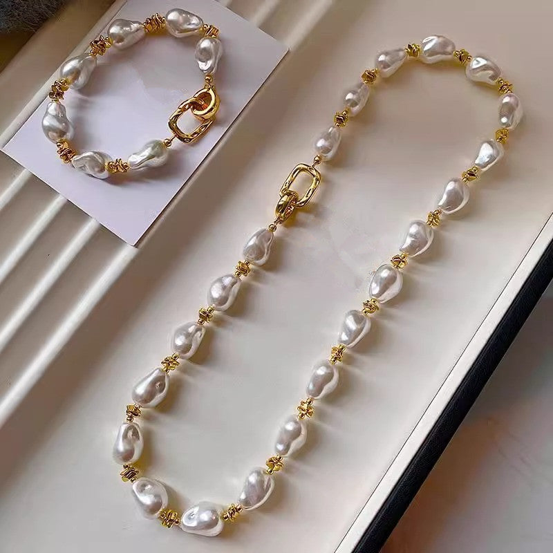 Vintage French Irregular Baroque Faux Pearl Jewelry Set, Chunky Baroque Pearl Choker Necklace & Stackable Bracelet, Gold Plated Toggle Clasp Elegant Bridal Daily Layering Jewelry Gift For Women