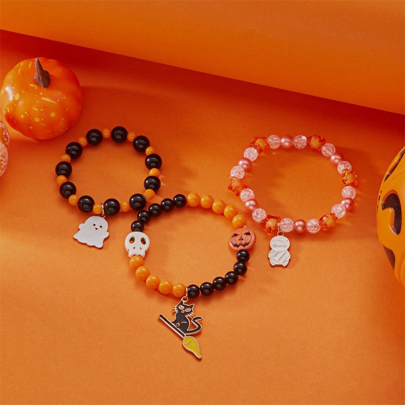 Halloween Cute Ghost Pumpkin Charm Beaded Bracelet Set, 3Pcs Stackable Enamel Charm Stretch Bracelets Witch Bat Mummy Jewelry For Women Kids Party