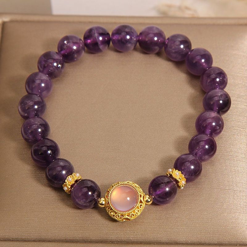 Natural Amethyst Round Cat's Eye Beaded Bracelet, Gold Plated Vintage Crystal Bracelet for Women, Calming Energy Healing Crystal Jewelry Gift for Birthday Anniversary