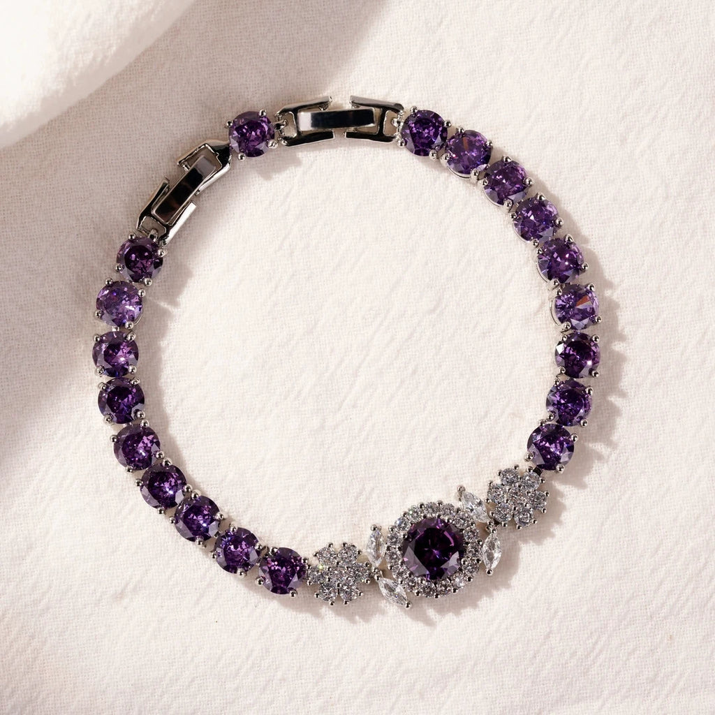 Luxury Round Amethyst Purple Cubic Zirconia Tennis Bracelet Floral Halo Central Gem Silver Plated Link Chain Extension Clasp Wedding Banquet Statement Bracelet For Women