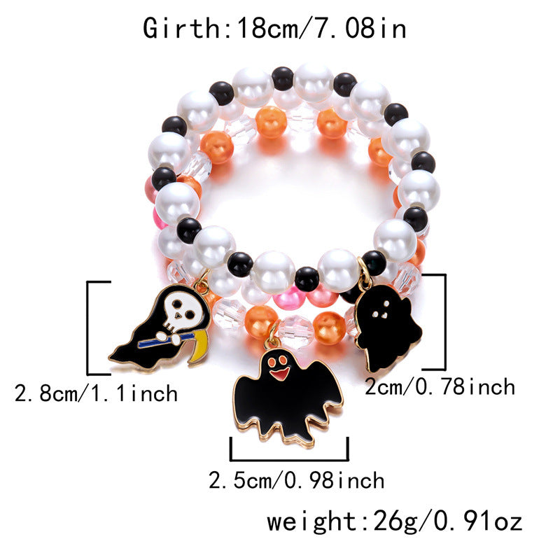 Halloween Cute Ghost Pumpkin Charm Beaded Bracelet Set, 3Pcs Stackable Enamel Charm Stretch Bracelets Witch Bat Mummy Jewelry For Women Kids Party