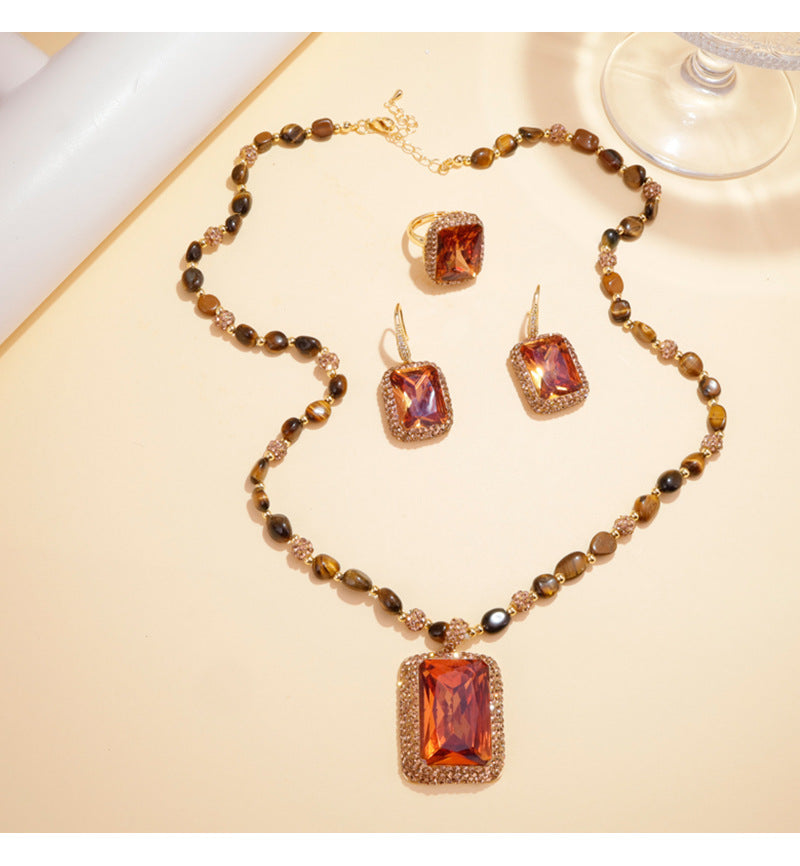 Vintage Orange Sultan Stone 3Pcs Jewelry Set Natural Tiger Eye Beaded Necklace Drop Earrings Cocktail Ring Gold Plated Retro Women
