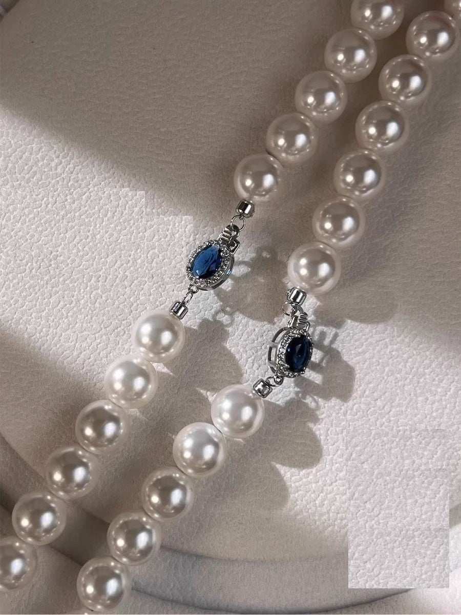 High Luster Natural Australian Mother of Pearl Necklace, 925 Sterling Silver Sapphire Inlaid Clasp, 45CM Single Strand Round Shell Pearl Choker, Elegant Vintage Pearl Jewelry for Wedding Party Daily Outfit Gift for Women
