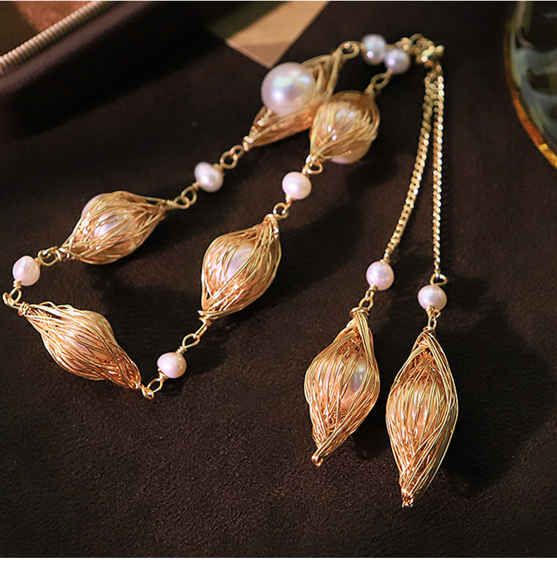 Hand Woven Gold Wire Oval Natural Freshwater Pearl Pull Adjustable Bracelet, Double Layer Tassel Pearl Slide Bracelet Elegant Dainty Wrist Jewelry for Women Wedding Daily Wear
