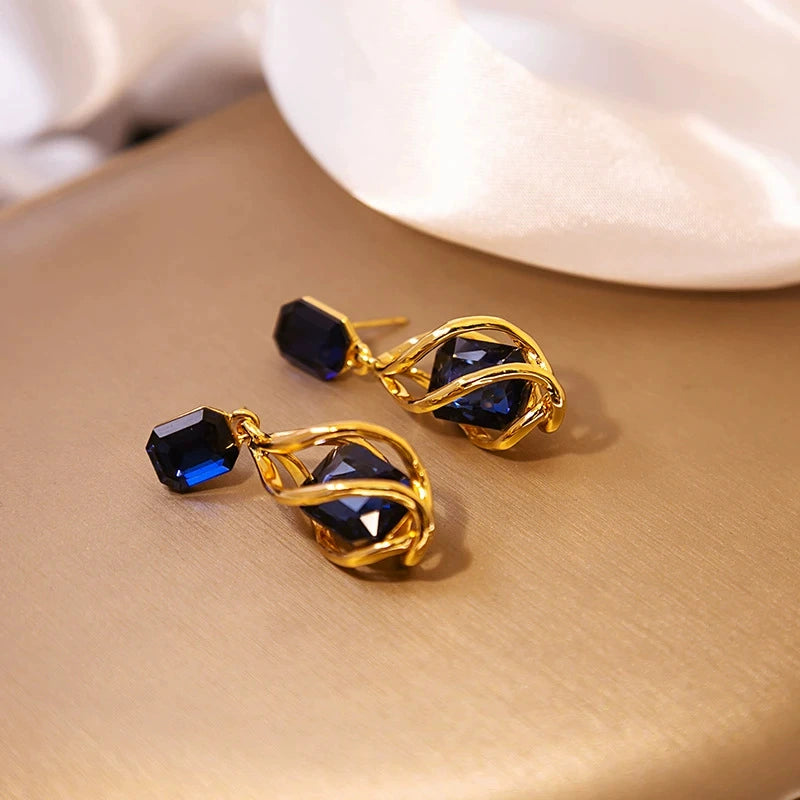 Twisted Spiral Wire Wrapped Sapphire Blue Crystal Drop Earrings 925 Sterling Silver Post Gold Plated Dangle Earrings Elegant Evening Party Jewelry For Women