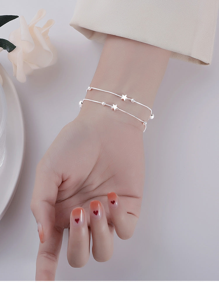 S925 Sterling Silver Double Layer Star Bracelet, Dainty Two-Strand Snake Chain Wrist Bracelet with Matte Frosted Beads & Tiny Star Charms Adjustable Extension Chain for Women Minimalist Daily Jewelry Gift