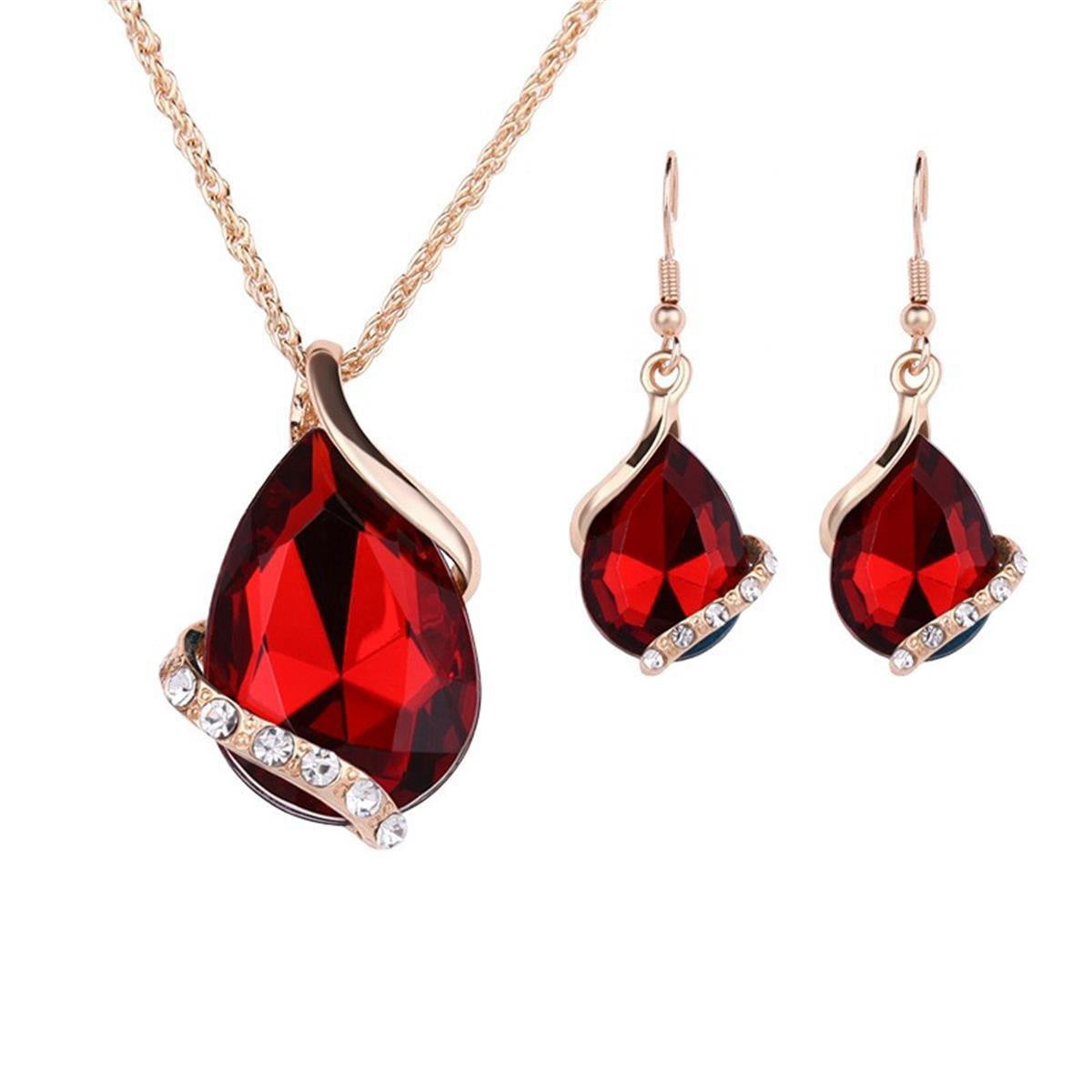 Teardrop Blue Crystal Pendant Necklace & Hook Earring Jewelry Set, Hypoallergenic Zinc Alloy