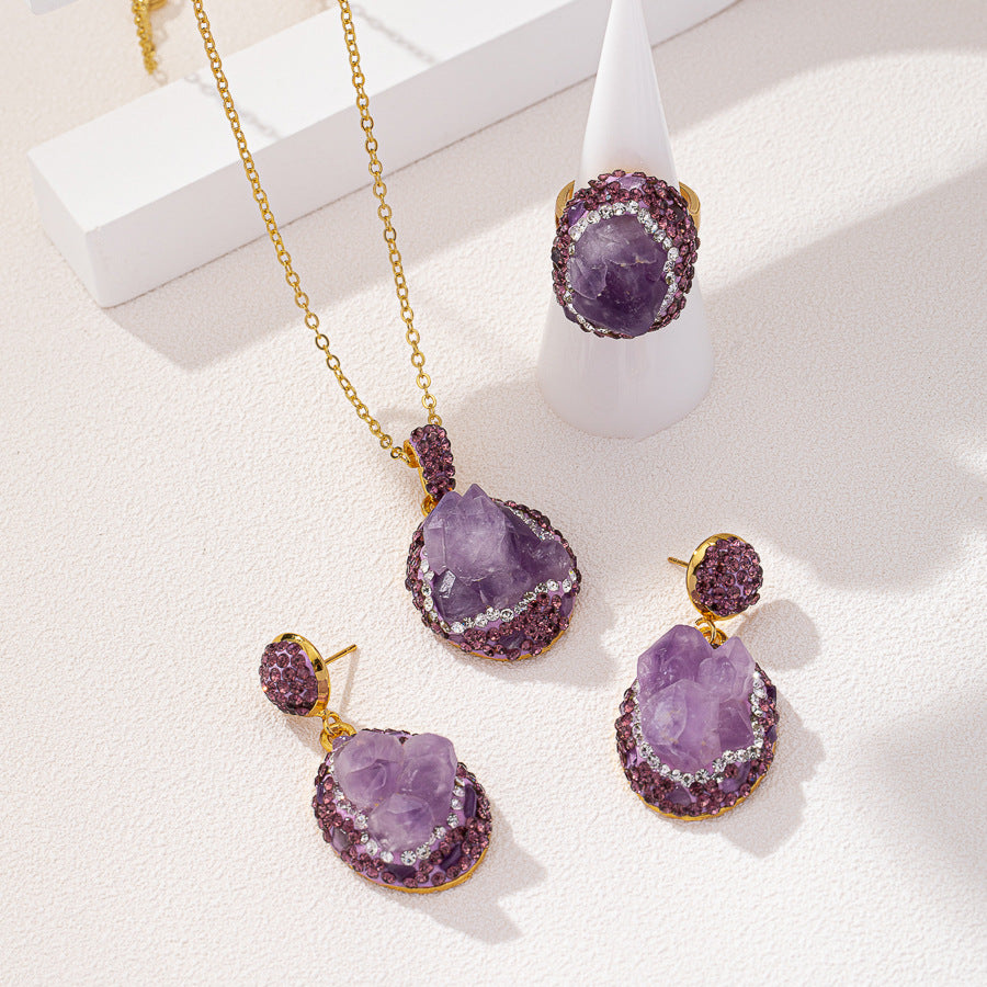 Natural Rough Brazilian Amethyst 3Pcs Jewelry Set Clay Inlaid Rhinestone Drop Earrings Adjustable Open Ring Pendant Necklace Gold Plated Women Boho Gift