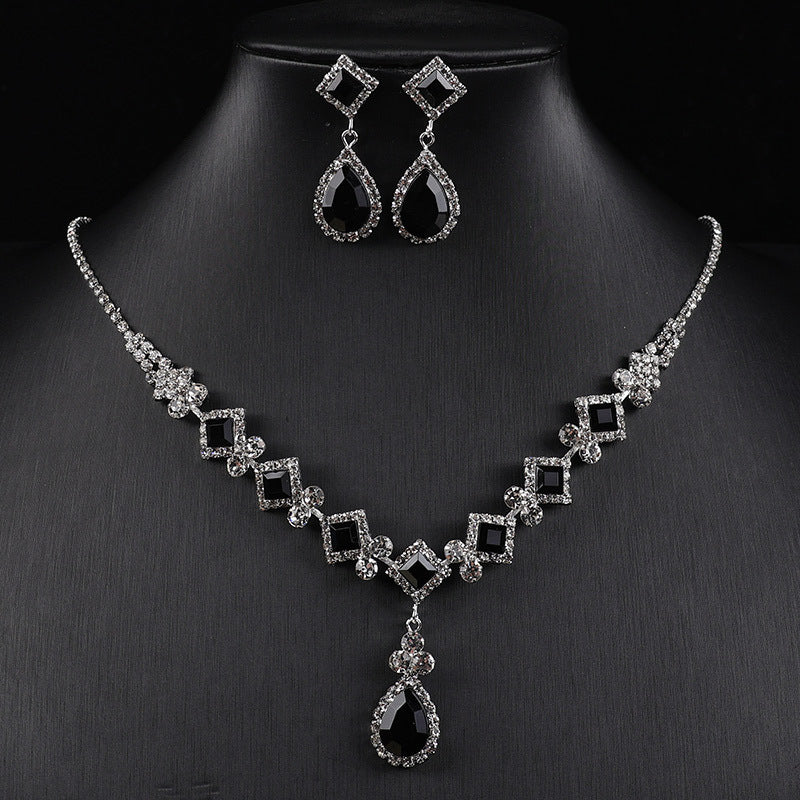 Teardrop Crystal Rhinestone Jewelry Set, Square Cut Gem Necklace & Drop Earrings Wedding Formal Jewelry