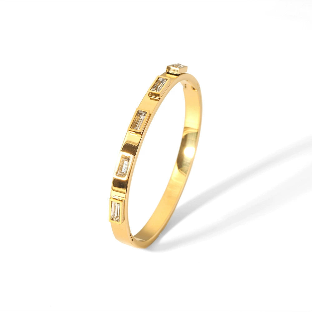 18K Gold Plated Stainless Steel Baguette Cubic Zirconia Hinged Bangle, Tarnish Resistant Rectangle Crystal Open Cuff Bracelet Stackable Jewelry For Women