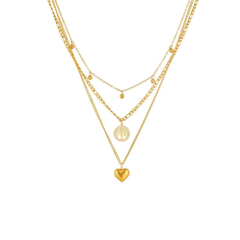 18K Gold Plated Stainless Steel Multi Layer Heart & Tree of Life Pendant Necklace, Tarnish Resistant Crystal Stackable Necklace For Women