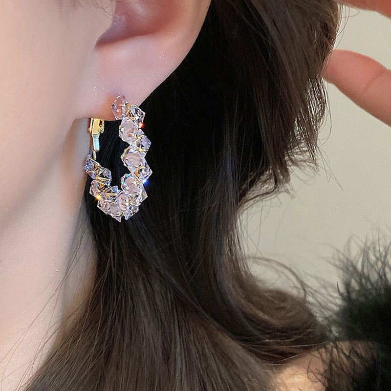 Dainty C-Shape Hoop Earrings, Full Paved Multi-Faceted Cubic Zirconia Crystal Oval Huggie Earrings Gold Plated Sparkly Statement Earrings for Women Wedding Party Dating