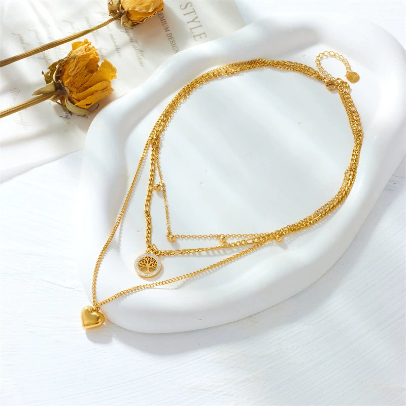 18K Gold Plated Stainless Steel Multi Layer Heart & Tree of Life Pendant Necklace, Tarnish Resistant Crystal Stackable Necklace For Women