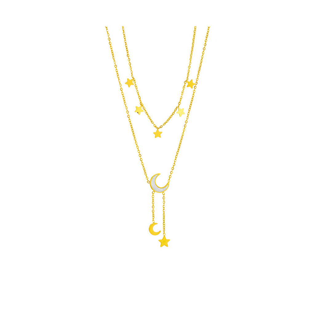 Double Layer Star Moon Titanium Steel Necklace, Shell Inlay Hypoallergenic Layering Choker