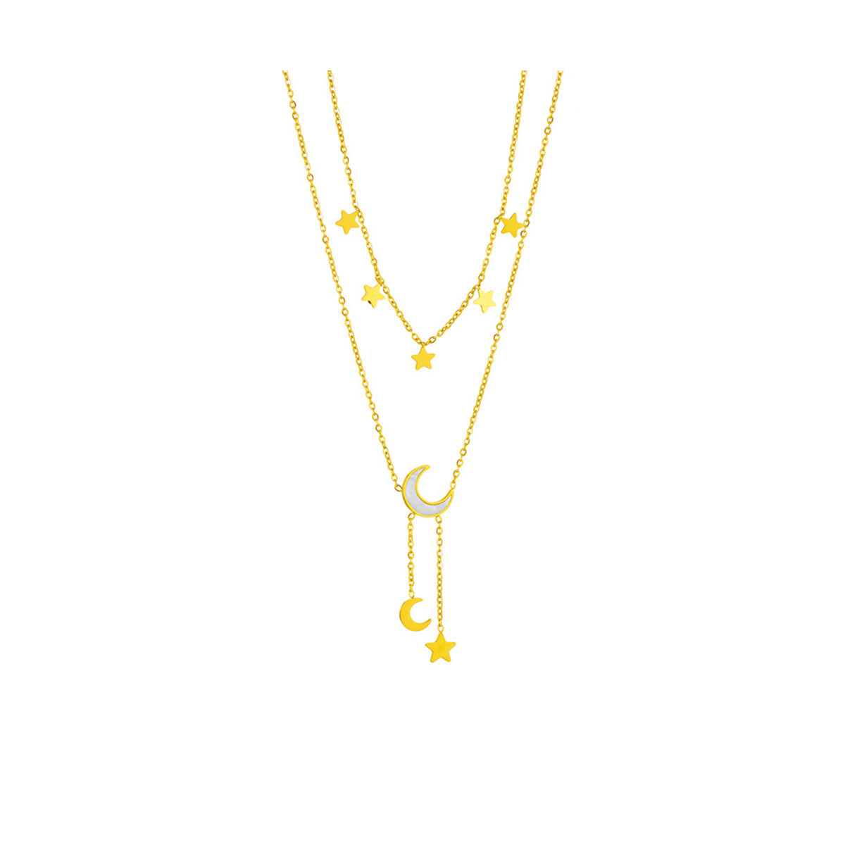 Double Layer Star Moon Titanium Steel Necklace, Shell Inlay Hypoallergenic Layering Choker