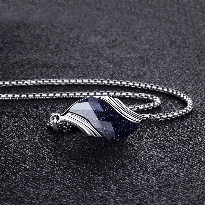 Unisex Titanium Steel Leaf Pendant Necklace Natural Blue Sandstone & Black Onyx Box Chain Men Women Jewelry