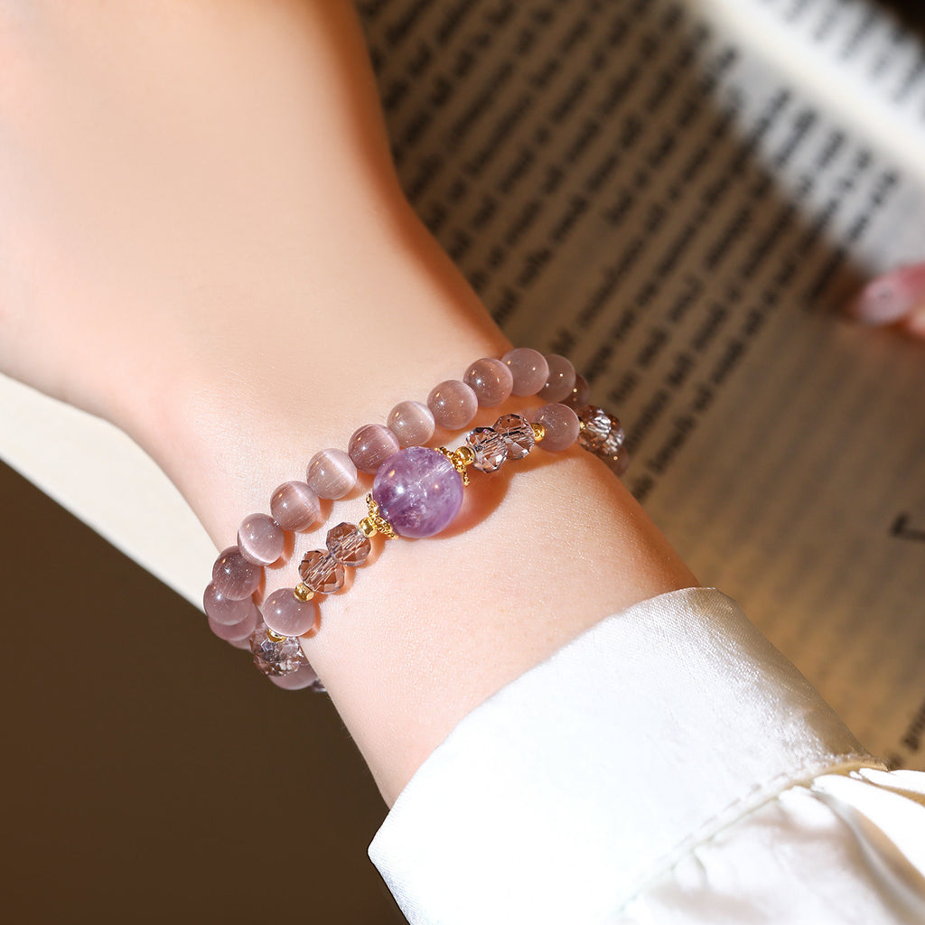 Double Layer Purple Cat’s Eye Beaded Stretch Bracelet, Natural Amethyst Focal Crystal Stackable Wrist Bracelet Dainty Feminine Jewelry for Women Daily Office Wear