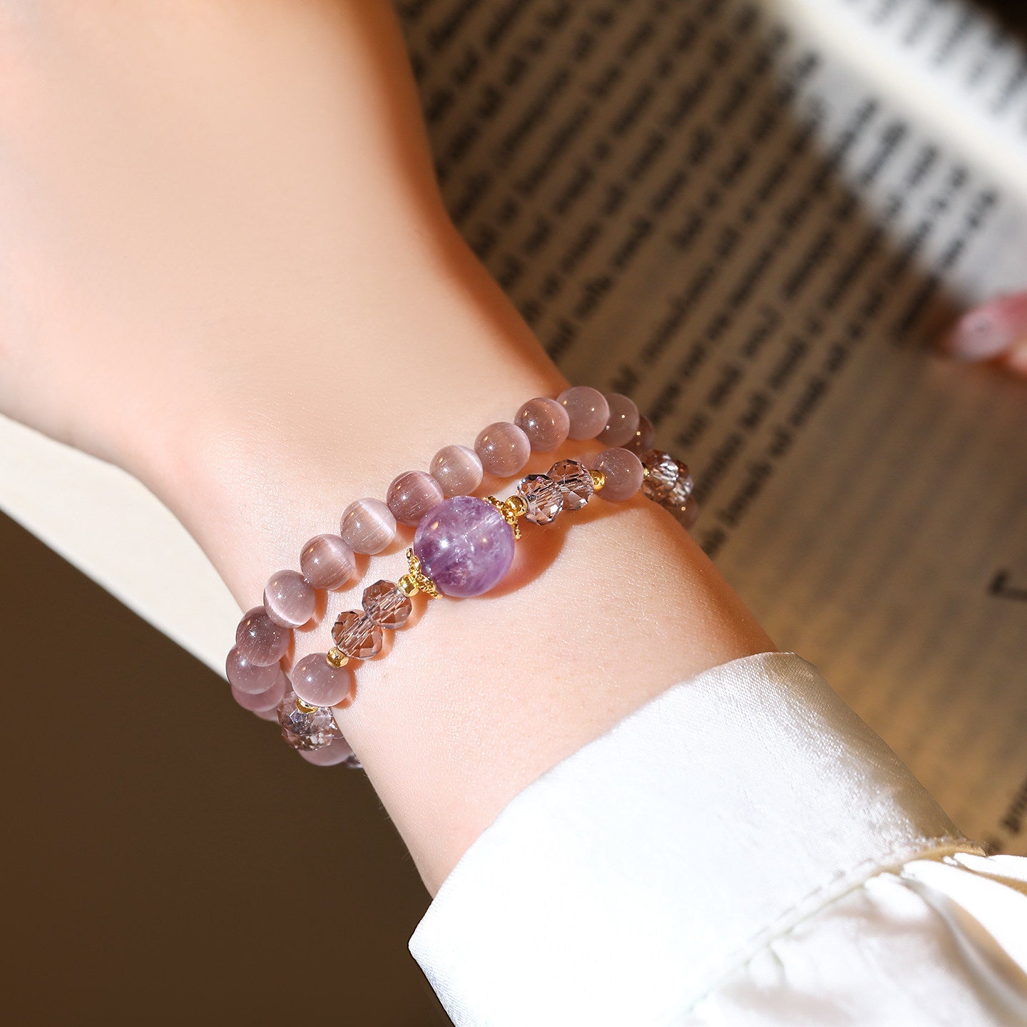 Double Layer Purple Cat’s Eye Beaded Stretch Bracelet, Natural Amethyst Focal Crystal Stackable Wrist Bracelet Dainty Feminine Jewelry for Women Daily Office Wear