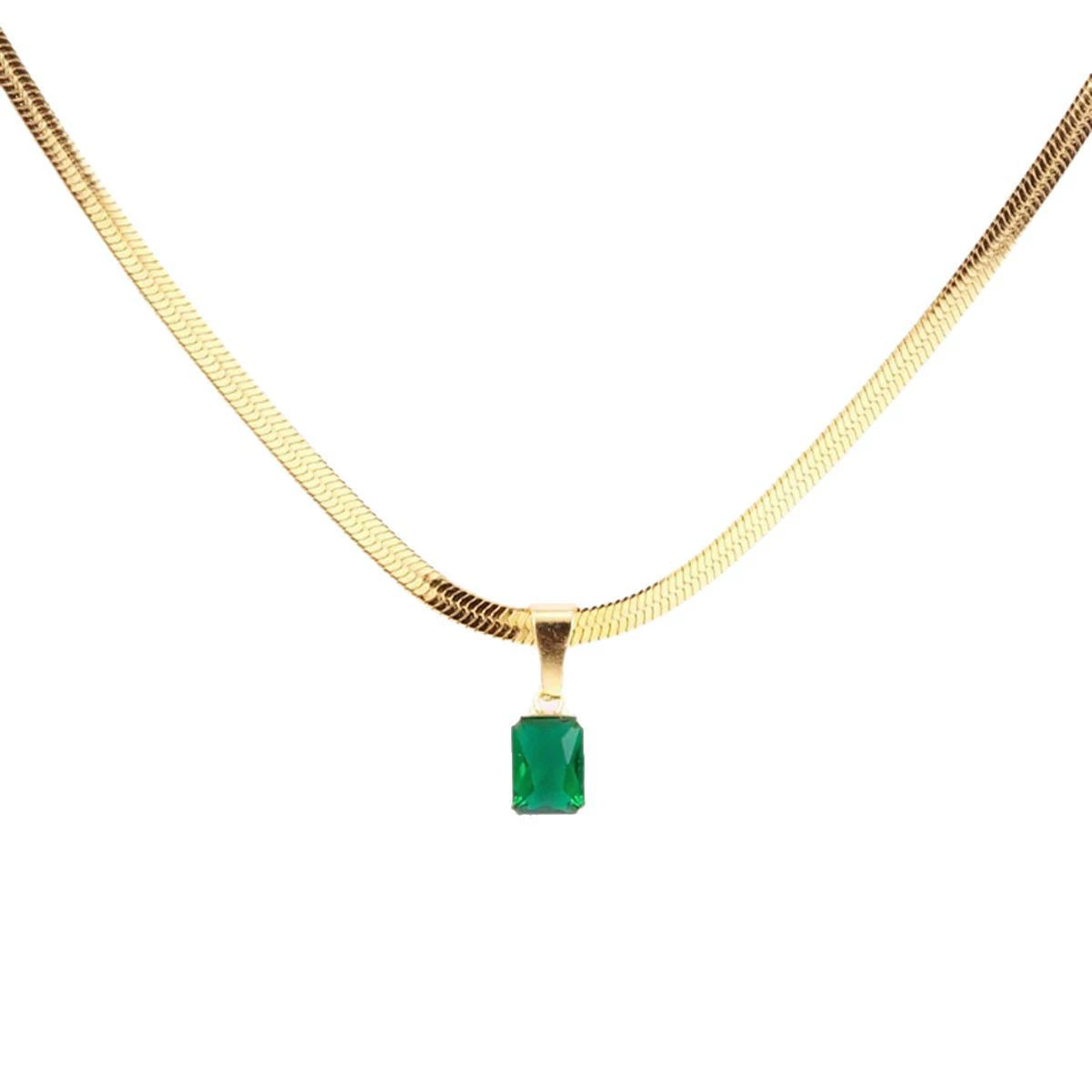 Square Color Zircon Pendant Herringbone Necklace, Gold Plated Stainless Steel Hypoallergenic Choker