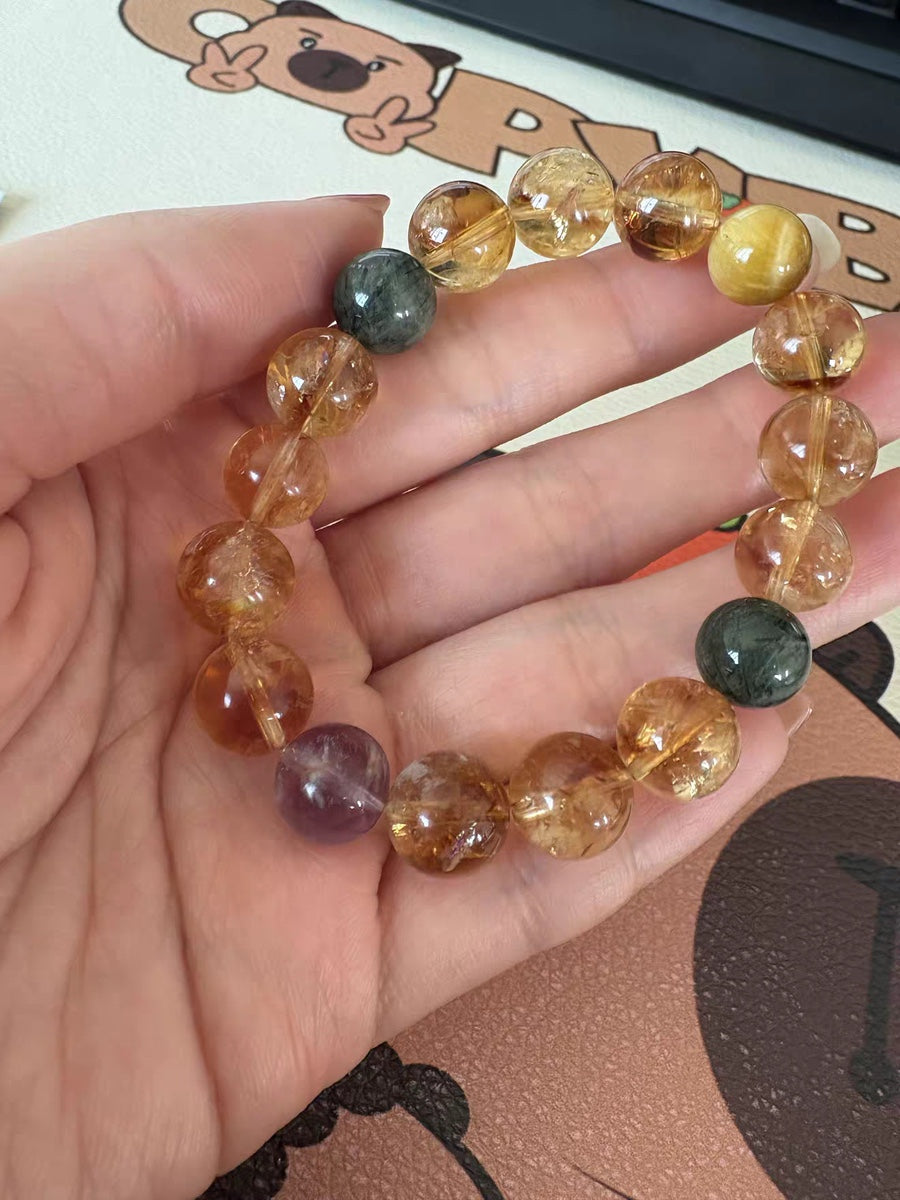 Vintage Golden Money Swallow Beast Bracelet with Hollow Ornate Ball, Natural Topaz & Grey Moonstone Tiger Eye Beaded Bracelet, Wealth Luck Crystal Jewelry Gift for Women