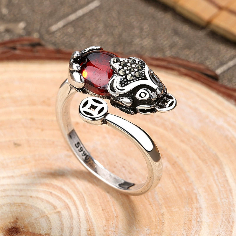 Vintage Pixiu Garnet Open Adjustable Ring, Chinese Lucky Coin Wealth Feng Shui Silver Tone Ring for Women Men