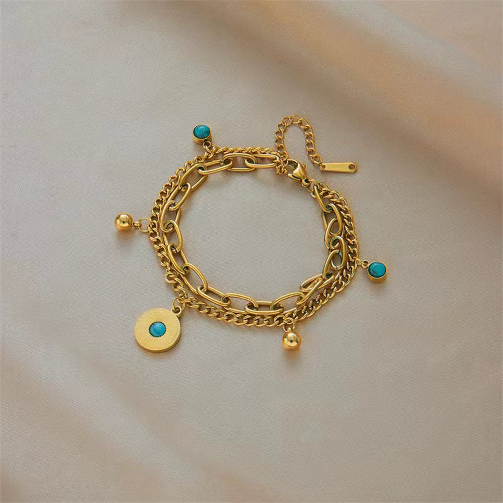Vintage Sun Coin Turquoise Double Layer Bracelet, Hypoallergenic Titanium Steel Boho Chain Bangle