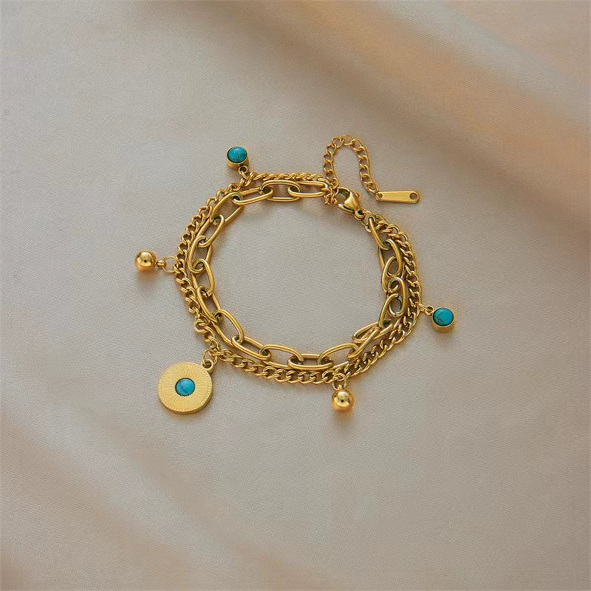 Vintage Sun Coin Turquoise Double Layer Bracelet, Hypoallergenic Titanium Steel Boho Chain Bangle