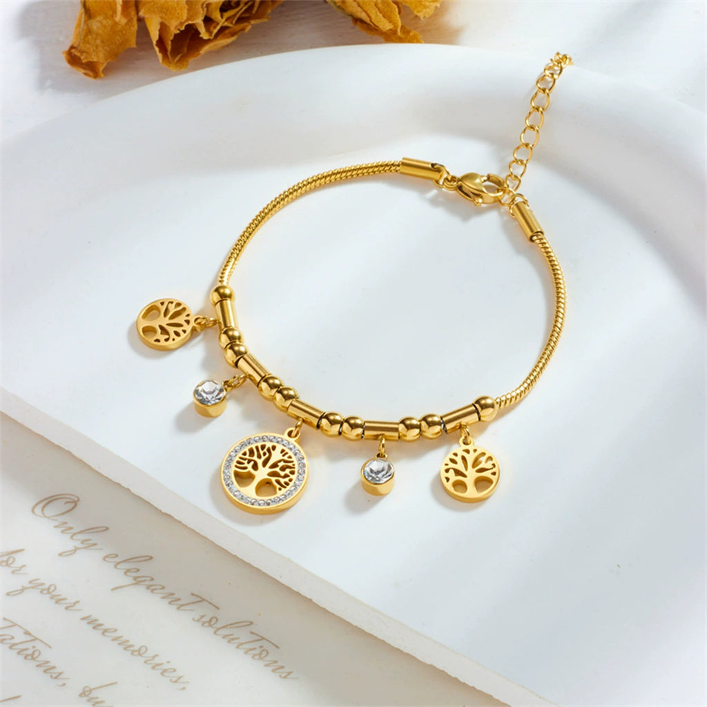 18K Gold Plated Stainless Steel Tree of Life Charm Bracelet, Tarnish Resistant Dainty Crystal Snake Chain Adjustable Bracelet For Women