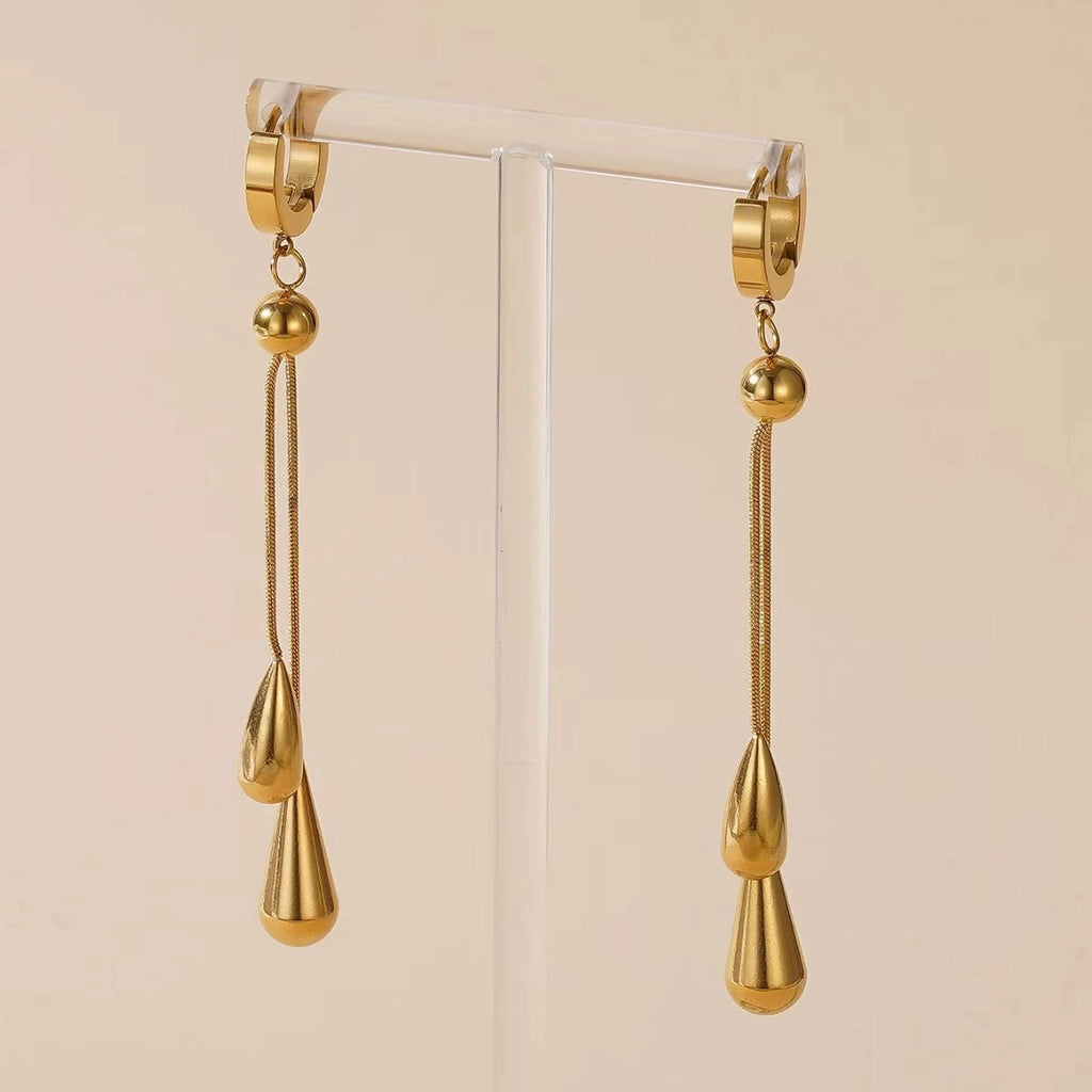 Gold Teardrop Tassel Jewelry Set, Adjustable Lariat Necklace & Long Drop Earrings Hypoallergenic Stainless Steel