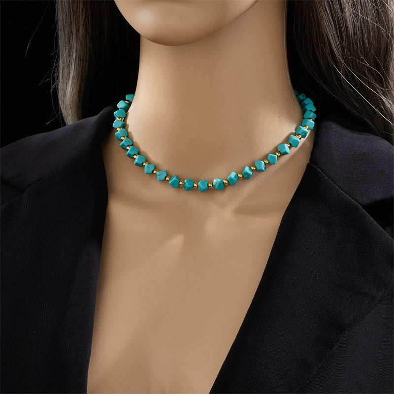 Boho Irregular Turquoise Bead Choker, Gold Spacer Beads Hypoallergenic Vintage Necklace