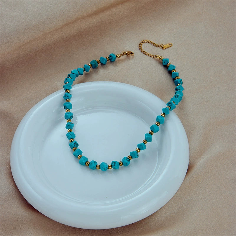 Boho Irregular Turquoise Bead Choker, Gold Spacer Beads Hypoallergenic Vintage Necklace