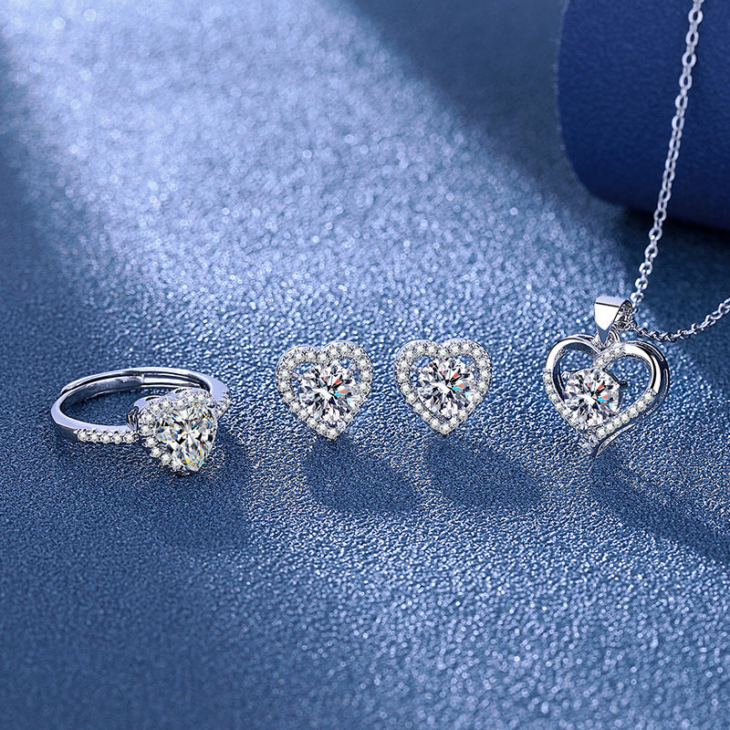 Heart Cut Moissanite Jewelry Set Adjustable Ring Stud Earrings Pendant Necklace Silver Plated Love Wedding Gift For Women