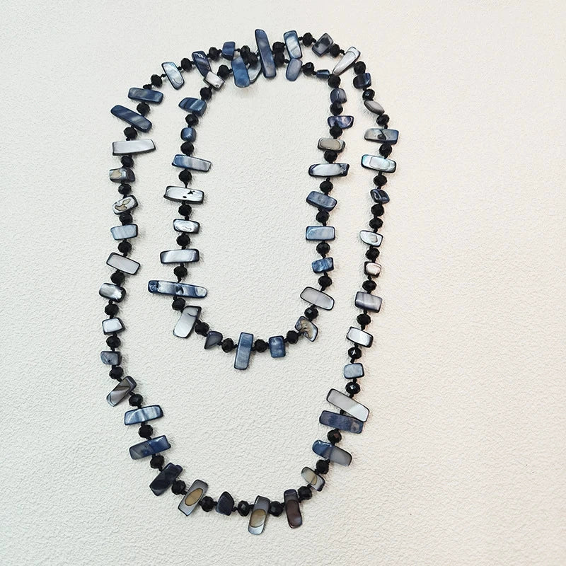 Lightweight Multi-Shape Raw Shell Chip Long Necklace Matte Black Small Crystal Spacers Ethnic Hippie Style Adjustable Sweater Chain Ladies Gift