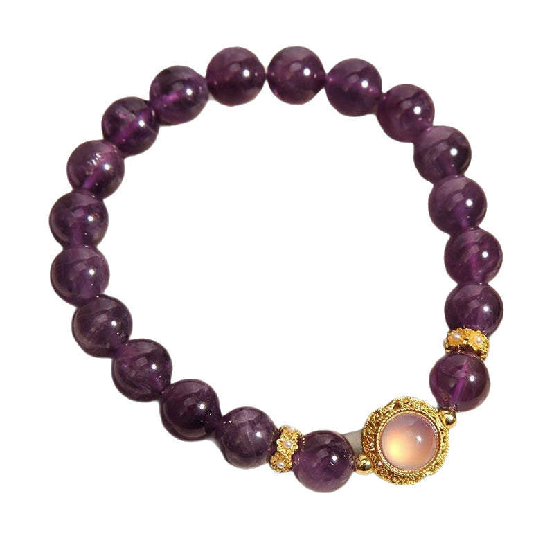 Natural Amethyst Round Cat's Eye Beaded Bracelet, Gold Plated Vintage Crystal Bracelet for Women, Calming Energy Healing Crystal Jewelry Gift for Birthday Anniversary
